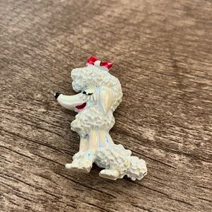 Vintage White Poodle Dog Toy with Red Bow Pin
